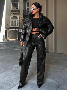 EURMUSE Zip Up Snap Button Puffer Coat - Black - View 4