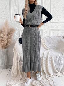 SHEIN LUNE 1pc Cable Knit Sweater Dress Without Belt In Fall/Winter - Dark Grey - View 5
