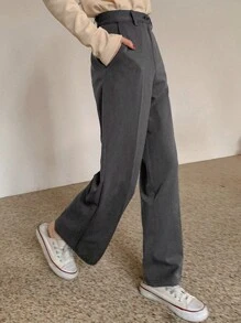 DAZY 女士纯色口袋直筒宽松休闲裤商务装 - 灰色 - 查看 4