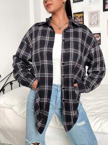 Flirla 大碼格紋印花落肩袖襯衫 - 黑色 - 查看 3