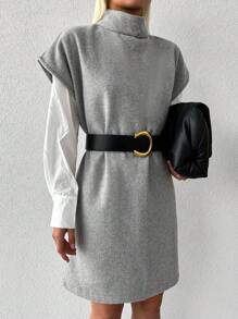 EURMUSE Turtleneck Batwing Sleeve Dress Without Belt & Blouse - Light Grey - View 3