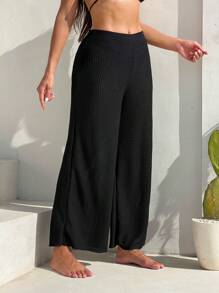 Swim Vcay Summer Beach Solid Cover Up Pants - Black - View 5