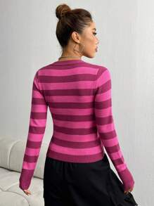 SHEIN Unity Mẫu sọc Nút phía trước Áo len Mở - Nhiều màu - Xem 2