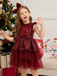 SHEIN Little Girls Sequin Decor Round Neck Cap Sleeve Glamorous Party Dress, Mommy & Me