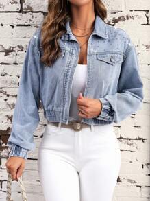 SHEIN LUNE Flap Detail Beaded Drop Shoulder Denim Jacket - Medium Wash - View 1