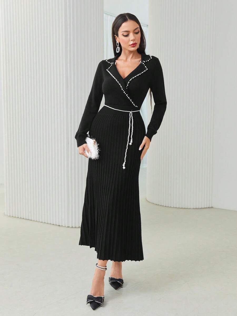 Modelyn Pearls Beaded Belted Ribbed Knit Sweater Dress - Black - View 1