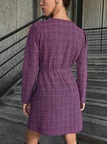 RueChic Plaid Pattern Draped Detail Wrap Dress Without Belt - Hot Pink - View 2