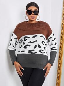 SHEIN Unity Plus Leopard Pattern Colorblock Drop Shoulder Sweater Knit Pullover Fall Winter Sweater - Coffee Brown - View 1