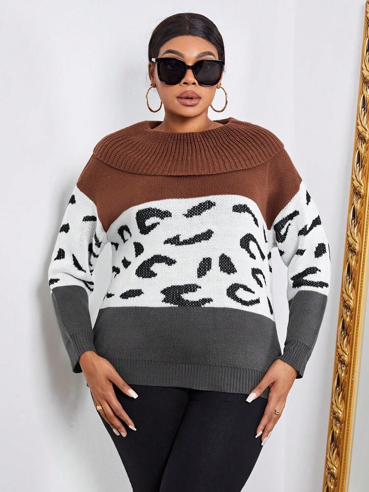Plus Leopard Pattern Colorblock Drop Shoulder Sweater Knit Pullover Fall Winter Sweater