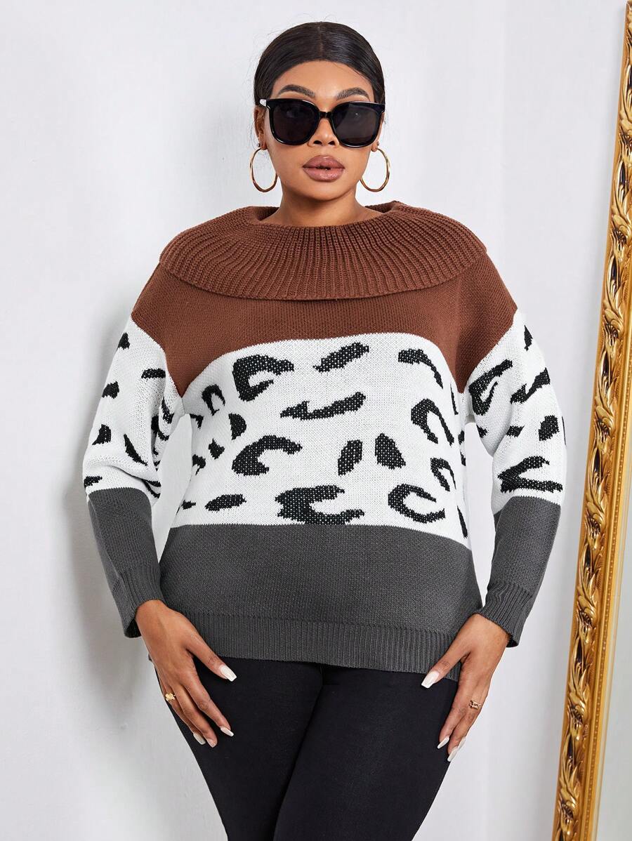 SHEIN Unity Plus Leopard Pattern Colorblock Drop Shoulder Sweater Knit Pullover Fall Winter Sweater - Coffee Brown - View 1