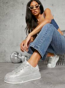 Rhinestone Lace Up Front Skate Shoes - Silver - View 1
