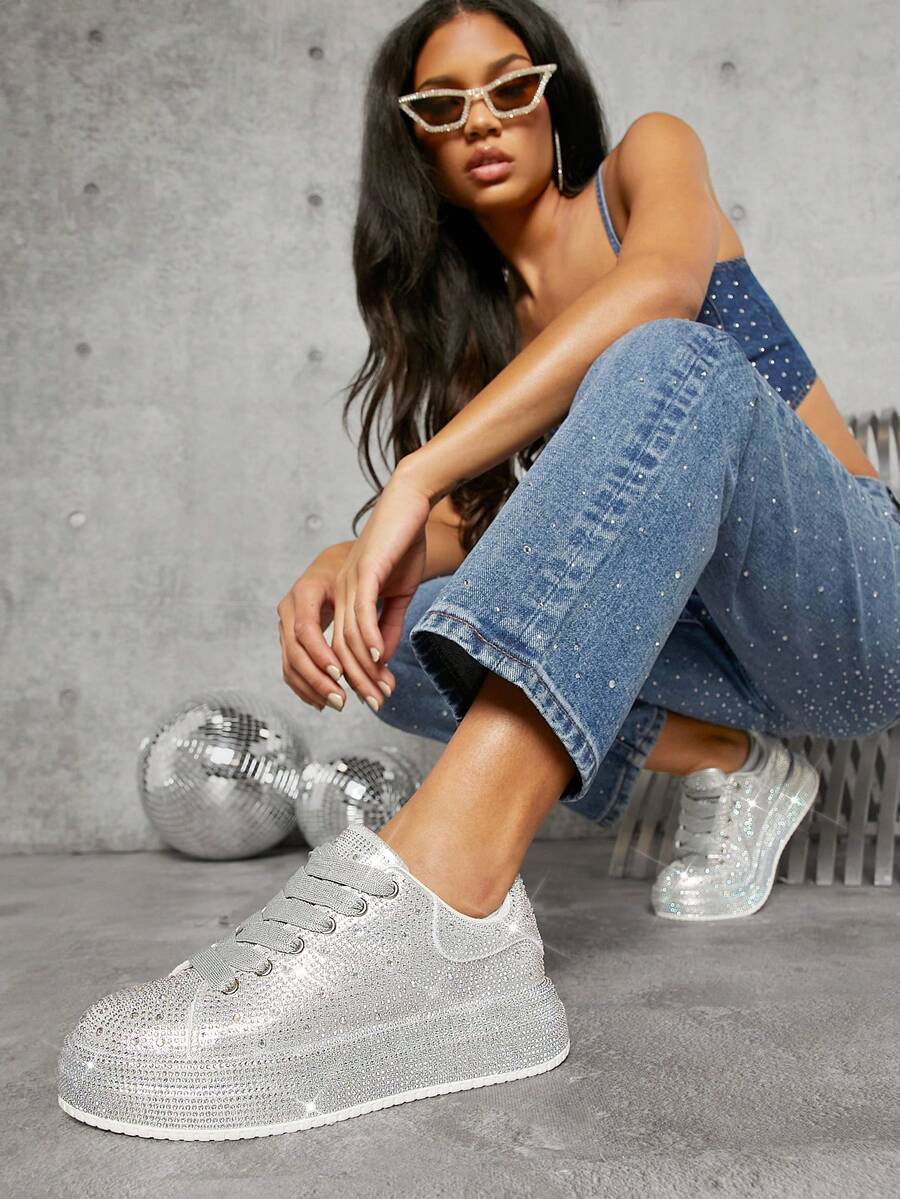 Rhinestone Lace Up Front Skate Shoes - Silver - View 1