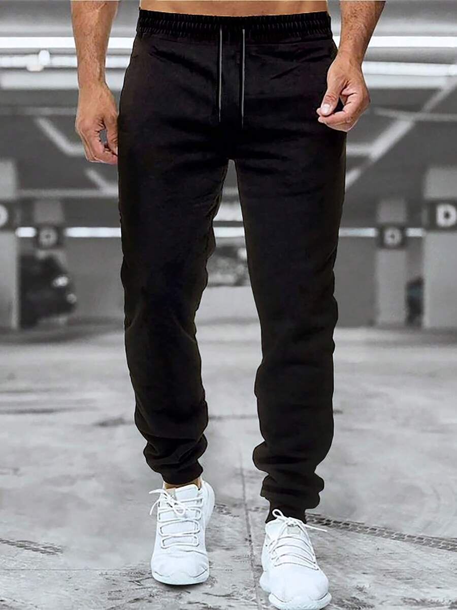Manfinity Homme Hombres Pantalones deportivos unicolor de cintura con cordón - Negro - Ver 1