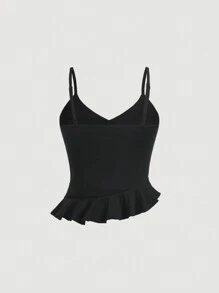 SHEIN MOD Solid Ruffle Trim Cami Top & Ruched Skirt - Black - View 4