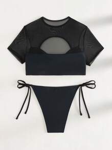 Swim EVENT Summer Beach Ring Linked Cut Out Bikini Set With Cover Up - Black - View 4