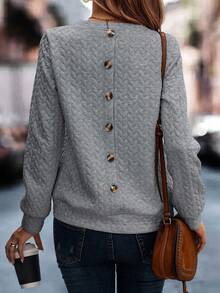 SHEIN Essnce 後紐扣落肩袖運動衫 - 淺灰色 - 查看 4