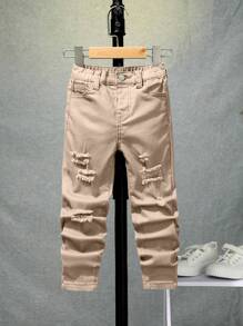 SHEIN Young Boy's Distressed Whisker Design Elastic Waist Casual Washed Jeans - Khaki - View 1