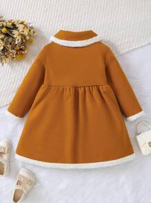Baby Girl Contrast Lace Ruffle Trim Double Breasted Bow Front Peter Pan Collar Double Button Overcoat - Camel - View 7