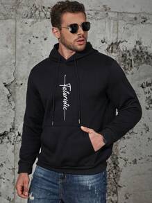 Manfinity Homme Men Plus Letter Graphic Kangaroo Pocket Drawstring Hoodie - Black - View 1