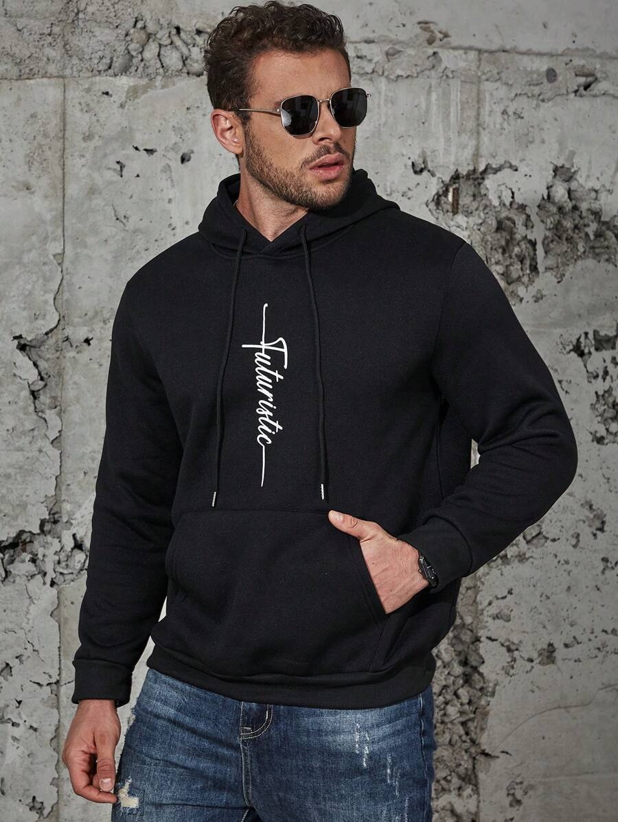 Manfinity Homme Men Plus Letter Graphic Kangaroo Pocket Drawstring Hoodie - Black - View 1