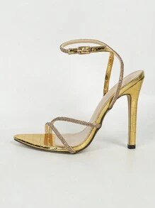 女性性感尖頭細高跟鞋蛇圖案帶水鑽裝飾綁帶涼鞋適合派對或者日常 - 金色 - 查看 5