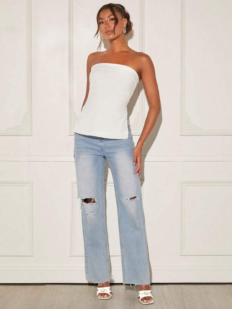 SHEIN BAE Solid Split Hem Tube Top,Ladies Casual Split Strapless Slim Fit White Plain Women Tops,Spring/Summer,Casual Daily Wear - White - View 5