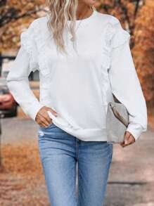 SHEIN LUNE Contrast Lace Ruffle Trim Drop Shoulder Sweatshirt - White - View 4