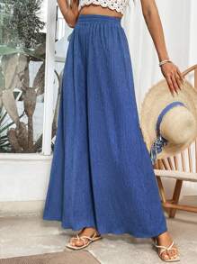 SHEIN VCAY Solid Wide Leg Pants - Navy Blue - View 1