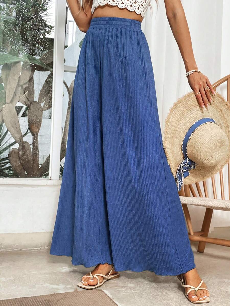 SHEIN VCAY Solid Wide Leg Pants - Navy Blue - View 1