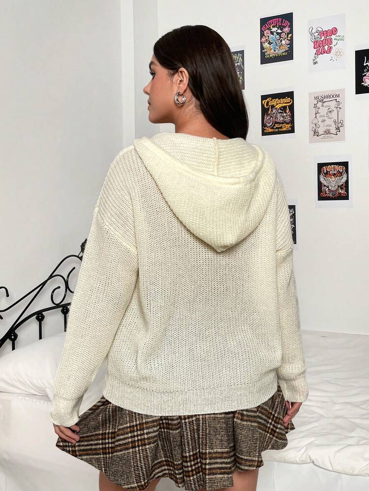 Plus Half Button Drop Shoulder Drawstring Hooded Sweater Knit Pullover Fall Winter Sweater
