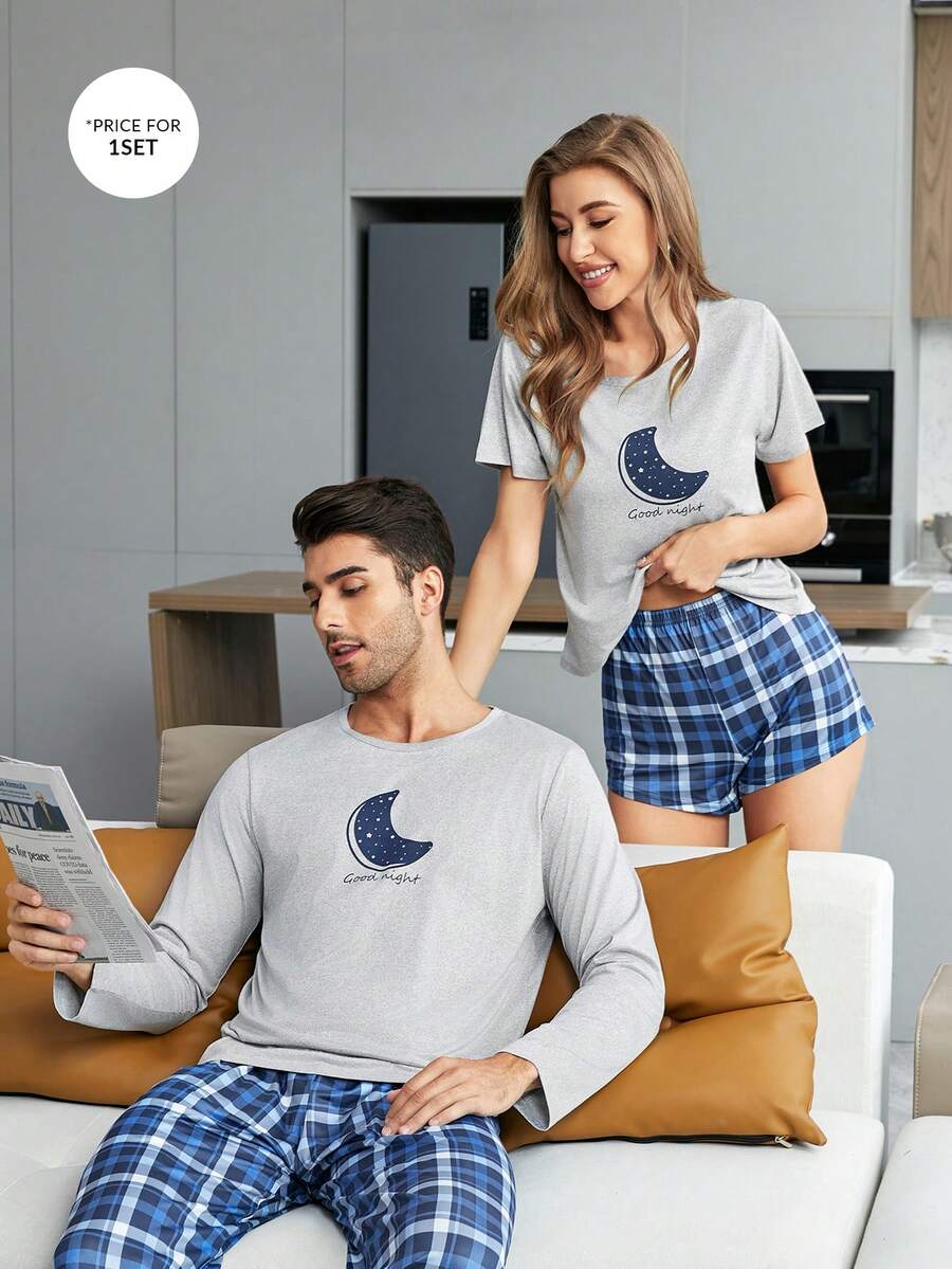 1 Áo thun ngủ in hình mặt trăng & 1 Quần short ngủ kẻ sọc Bộ PJ / Bộ Pyjama - Nhiều màu - Xem 1