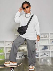 SHEIN Leap Crew Tween Boy Flap Pocket Side Cargo Pants - Grey - View 4