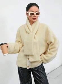 GENKIRA 素色前紐扣絨毛外套帶圍巾 - 白色 - 查看 1