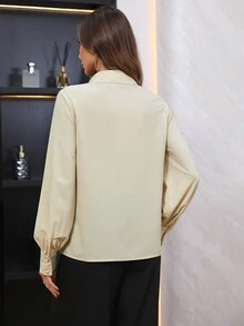 SHEIN Privé Áo sơ mi tay áo có cổ buộc dây - Màu be - Xem 2