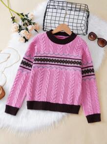 SHEIN Tween Girl Geo Pattern Contrast Trim Cable Knit Sweater - Multicolor - View 1