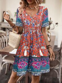 SHEIN VCAY 印花流蘇繫帶領洋裝 - 珊瑚橙 - 查看 3