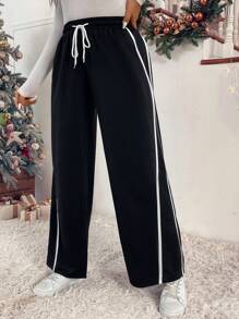 SHEIN LUNE 大碼織帶拼接腰部抽繩闊腿衛褲 - 黑色 - 查看 3