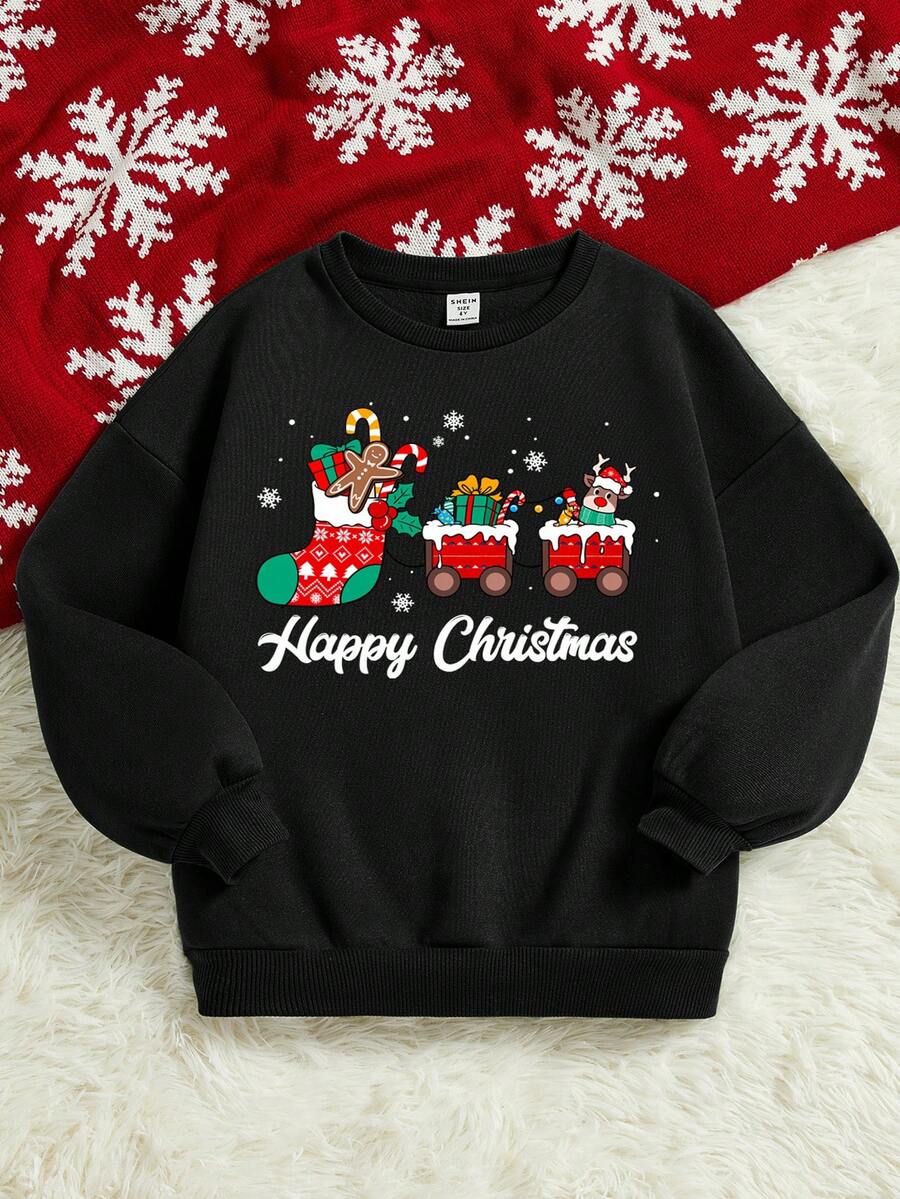 Cô Gái Trẻ In Giáng sinh Thả vai Áo nỉ ấm áp - màu đen - Xem 1