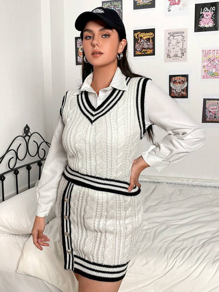 Plus Striped Trim Cricket Sweater Vest & Knit Skirt Without Blouse
