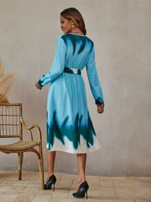 Breezaya Chevron Print Belted A-Line Wrap Detail Belted Dress