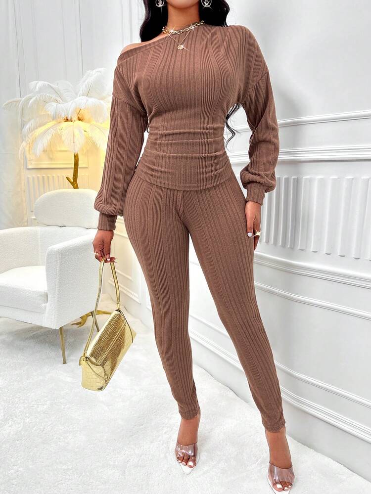 Asymmetrical Neck Drop Shoulder Ruched Side Tee & Leggings