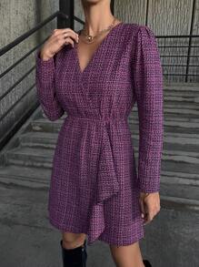 RueChic Plaid Pattern Draped Detail Wrap Dress Without Belt - Hot Pink - View 5