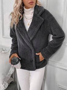 SHEIN LUNE Lapel Neck Double Breasted Teddy Coat - Dark Grey - View 4