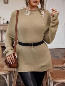 SHEIN LUNE Plus Mock Neck Drop Shoulder Sweater Without Belt Knit Pullover Fall Winter Sweater - Apricot - View 4