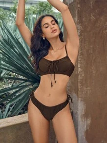 SHEIN Swim Solid Drawstring Side Bikini Bottom Summer - Brown - View 2