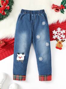 Young Boy Cartoon & Snowflake Print Jeans - Dark Wash - View 3