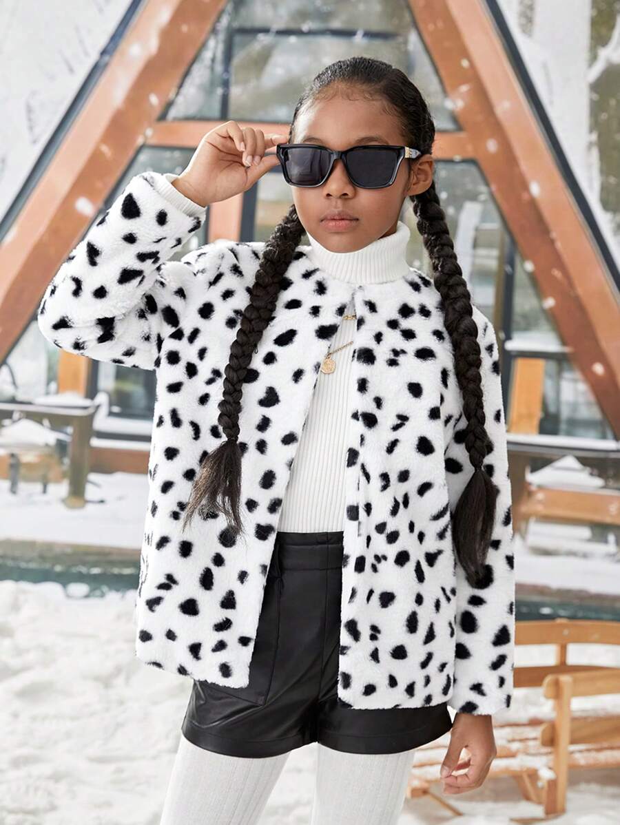 女大童斑點印花毛茸茸外套 - 黑與白 - 查看 1