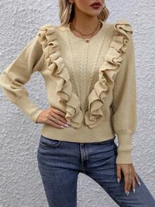 SHEIN Clasi Jersey ribete con fruncido tejido de cable - Caqui - Ver 6