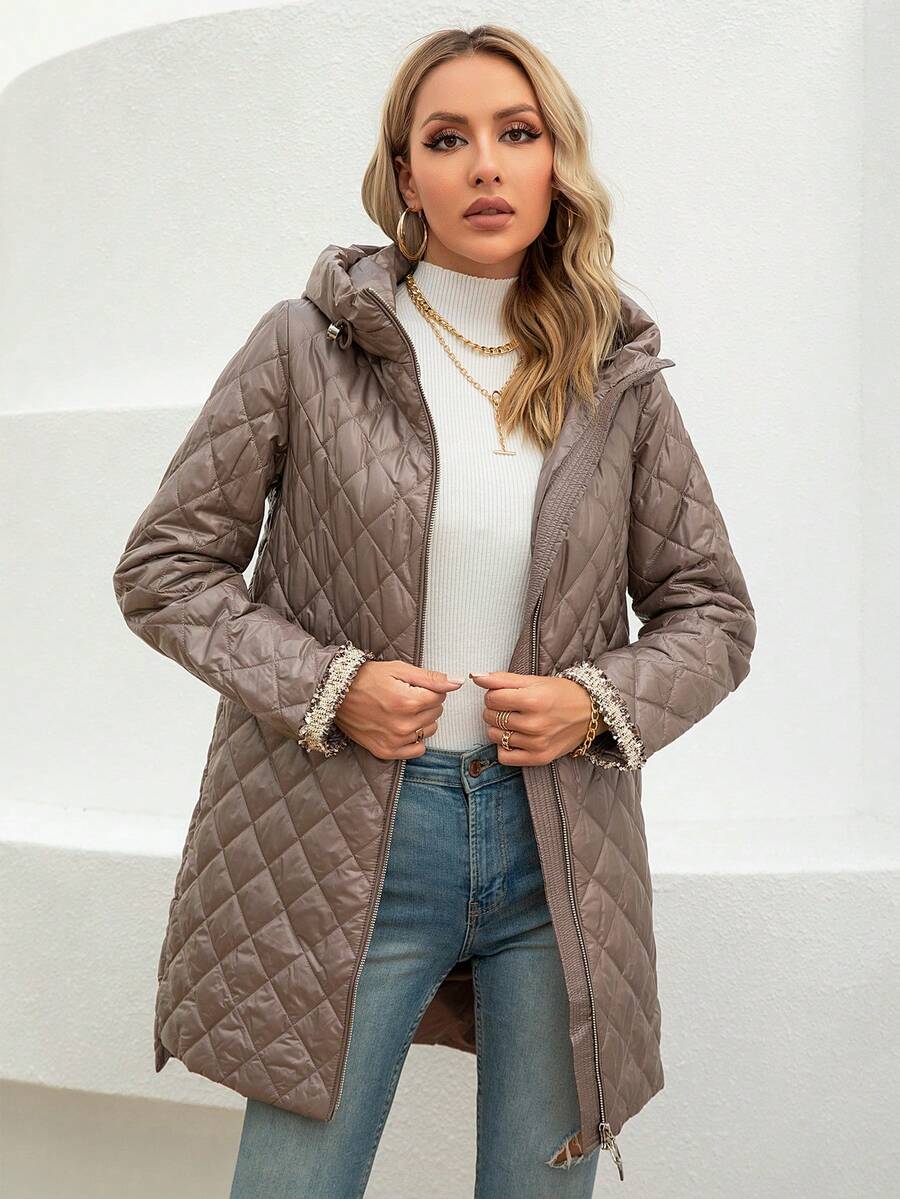 Zip Up Hooded Quilted Coat - Brown - View 1