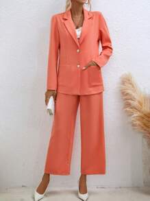 SHEIN Privé Lapel Neck Blazer & Wide Leg Pants - Orange - View 6